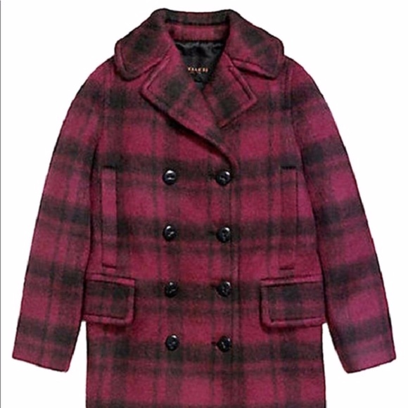 NWT women’s small or large Coach Plaid Long Wool Pea Coat/peacoat cranberry - Picture 1 of 4